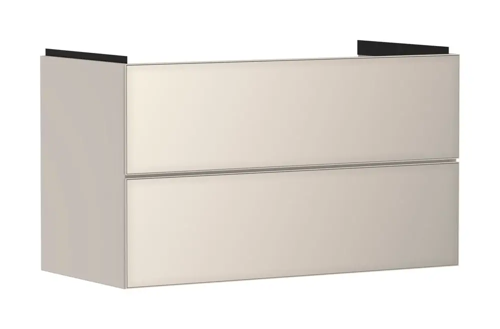 Waschtischunterschrank mit zwei Schubkästen in sandbeige Matt von Hansgrohe, ohne sichtbare Montageelemente, minimalistisches Design.